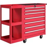 HOMCOM Cărucior pentru atelier Cărucior pentru scule cu 7 sertare raft lateral detașabil 4 roți cu fr&acirc;nă de blocare, 96x33,5x75cm, Roșu | Aosom Romani