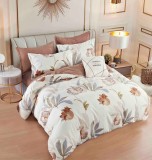 Cumpara ieftin Lenjerie pat dublu,bumbac finet,6 piese,cearceaf cu elastic,alba maro cu flori-A805, Jojo Home