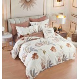 Lenjerie pat dublu,bumbac finet,6 piese,cearceaf cu elastic,alba maro cu flori-A805