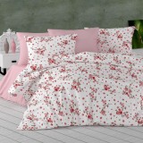 Lenjerie pat dublu,bumbac ranforce,4 piese,alba roz cu flori,RNFN229