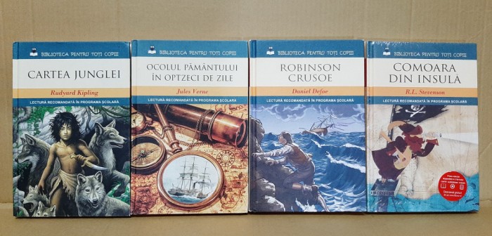 4 vol. Biblioteca pentru toti copiii (Jules Verne - Ocolul Pamantului..., Kipling - Cartea junglei, Robinson Crusoe, Stevenson - Comoara din insula)