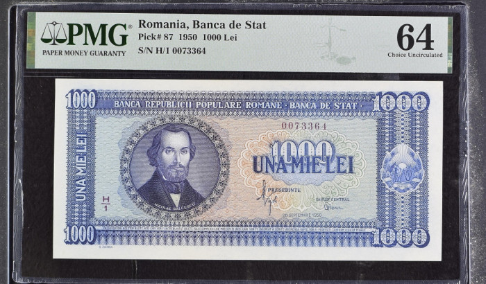 1000 lei 1950 gradată PMG 64 UNC