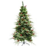 Brad de craciun artificial, decorat cu conuri pin rosii, inaltime 210 cm, suport metalic inclus, 767 ramuri, verde, Oem
