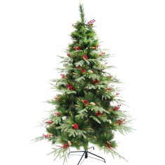 Brad de craciun artificial, decorat cu conuri pin rosii, inaltime 210 cm, suport metalic inclus, 767 ramuri, verde