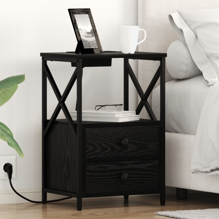 vidaXL Cabinet de noptiere cu stație de &icirc;ncărcare 2 pcs Stejar negru