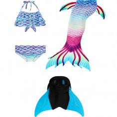 Costum de baie Model Sirena cu 4 piese include si Inotatoarea pentru fixarea cozii, Albastru/Visiniu, 110 cm