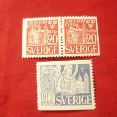 3 Timbre Suedia 1946 - 800 Ani Biserica din Lund 1+2x1 val.