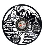 Ceas de perete decorativ realizat din disc de vinil, Model Motocicleta Enduro si Motocros in Padure la Munte, Negru, 30 cm