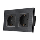 Priza dubla Luxion neagra cu rama din aluminiu si protectie copii