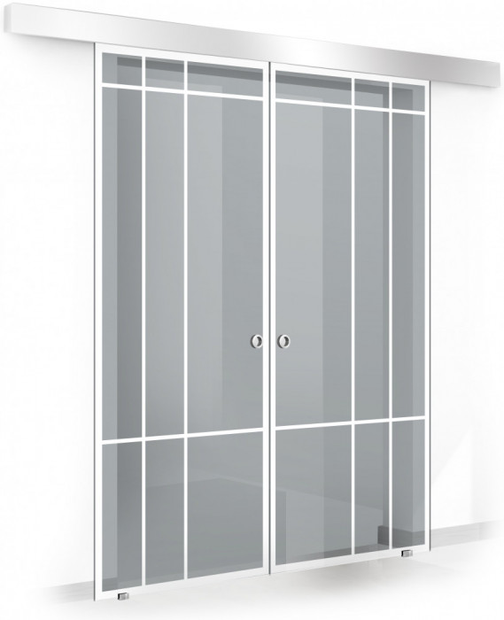 Usa culisanta Boss &reg; Duo model Event alb, 90+90x215 cm, sticla gri securizata, glisanta in ambele directii