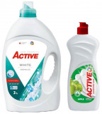 Cumpara ieftin Detergent lichid pentru rufe albe Active, 3 litri, 60 spalari + Detergent de vase lichid Active, 0.5 litri, mar