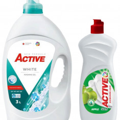 Detergent lichid pentru rufe albe Active, 3 litri, 60 spalari + Detergent de vase lichid Active, 0.5 litri, mar