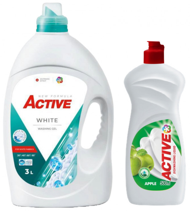 Detergent lichid pentru rufe albe Active, 3 litri, 60 spalari + Detergent de vase lichid Active, 0.5 litri, mar
