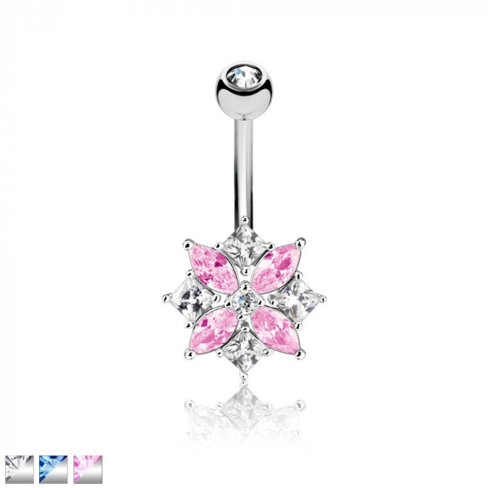 Piercing pentru buric din oțel de culoare argintie &ndash; o floare de zircon pe fundal pătrat - Culoare zirconiu piercing: Argintiu - albastru