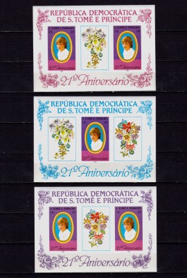 ✅(C34)Sao Tome-Principe 1982 &amp;quot;Printesa Diana - aniversarea a 21 de ani &amp;quot; , nedantelate , complet 3 blocuri nr. 92/93/94, Mi. 767B ,CV Mi. 50 &amp;euro; ,MNH foto