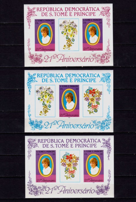 ✅(C34)Sao Tome-Principe 1982 &quot;Printesa Diana - aniversarea a 21 de ani &quot; , nedantelate , complet 3 blocuri nr. 92/93/94, Mi. 767B ,CV Mi. 50 &euro; ,MNH