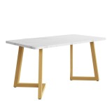 Masă de pr&acirc;nz 117x68 cm, cu efect de marmură și picioare din metal, Versatilă pentru sufragerie și living, Alb+Auriu