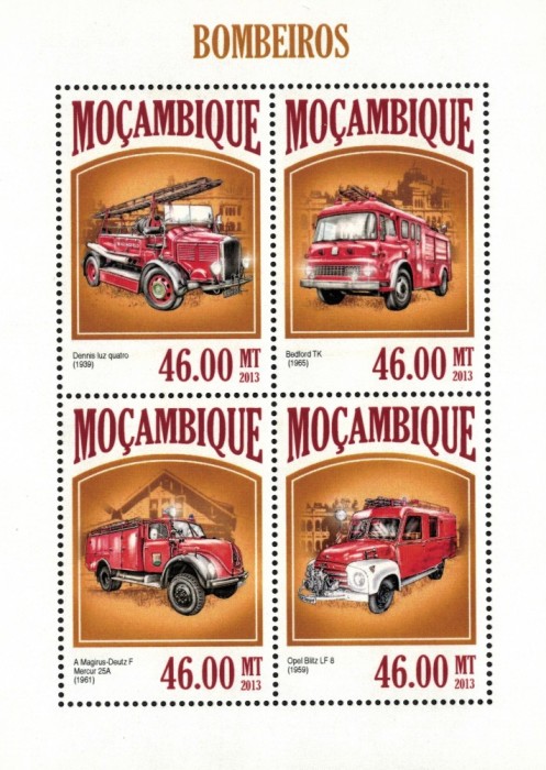 MOZAMBIC 2013 - Masini de pompieri / set complet - bloc + colita MNH (2 imagini)