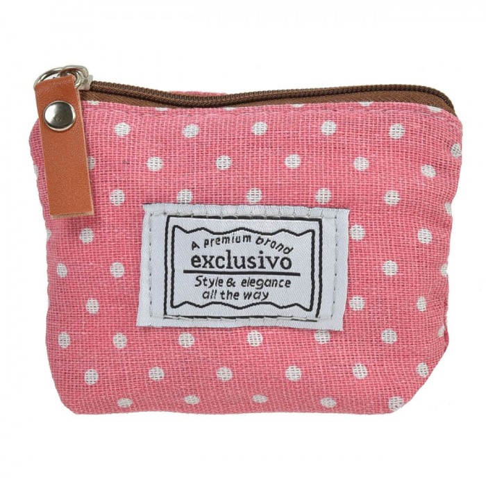 Portofel Textil Exclusivo Roz cu Buline, 11x8cm, Patch și Fermoar