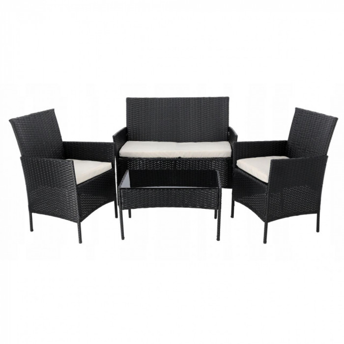 Set mobilier gradina/terasa, poliratan, negru cu perne bej, 1 masa, 2 fotolii, 1 canapea, Medi