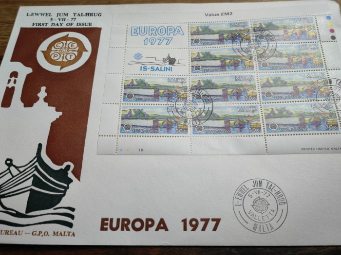 Plic FDC, Malta, Europa 1977, La Valetta, bloc 10 val+ 2 viniete, perfect