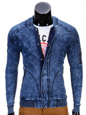 Jacheta pentru barbati, de blugi, cu fermoar si capse, albastru, casual, slim fit - C240 foto
