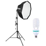 Cumpara ieftin Softbox octagonal, bec fluorescent spiralat 145w, stand reglabil 200cm, husa transport