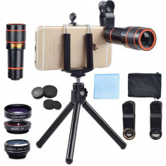 Set 4 in 1 lentile profesionale smartphone Apexel APL-HS12XDG3ZJ, prindere filet 17mm, Obiectiv zoom 12x, Fisheye, Macro, Wide, Mini trepied pentru te foto