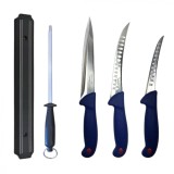 Cumpara ieftin Set profesional de macelarie, injunghiat, transat, dezosat, filetat, 3 cutite otel carbon, suport magnetic, masat pentru ascutit