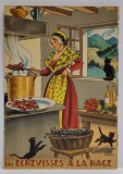 LES ECREVISSES A LA NAGE , CARTE POSTALA ILUSTRATA , LITOGRAFIE SEMNATA JEAN PARIS , CU RETETA CULINARA PE VERSO , TEXT IN LB. FRANCEZA , 1946