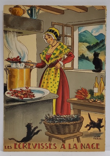 LES ECREVISSES A LA NAGE , CARTE POSTALA ILUSTRATA , LITOGRAFIE SEMNATA JEAN PARIS , CU RETETA CULINARA PE VERSO , TEXT IN LB. FRANCEZA , 1946