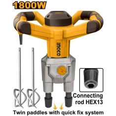 Mixer electric dublu 1800 w, hex13, 480 rpm, variator turatie 6 nivele, pentru amestecarea mortarelor, adezivilor si vopselelor - Ingco MX218008