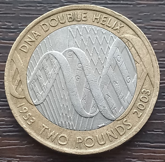 (S) MONEDA ANGLIA - 2 POUNDS 2003, 50 DE ANI DE LA DESCOPERIREA DNA / ADN 1953-2003
