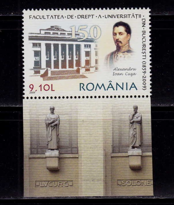✅RO 2009 ,LP 1851,&quot;Facultatea de Drept U.B.-150 ani &quot; ,serie cu frag.manseta,MNH