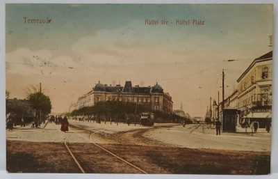 TIMISOARA , KUTTEL PLATZ , CARTE POSTALA ILUSTRATA , CU TRAMVAI IN PLAN SECUND , INCEPUTUL SEC. XX foto