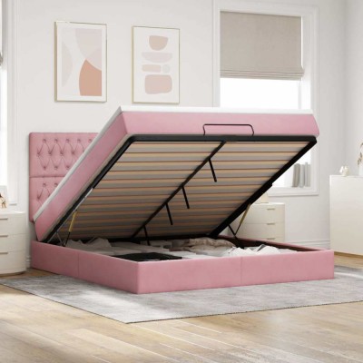 vidaXL Cadru de pat otoman cu saltele Roz 160x200cm catifea 3313558 foto