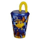 Pahar din plastic cu pai si capac, 430 ml, Albastru, Paw Patrol, CMCLASS