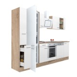Mobilă de bucătărie Yorki 310, corp din stejar sonoma, față alb satinat, element cuptor inferior, frigider congelator inferior