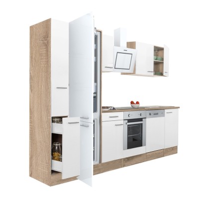 Mobilă de bucătărie Yorki 310, corp din stejar sonoma, față alb satinat, element cuptor inferior, frigider congelator inferior foto