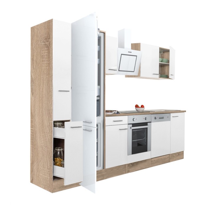 Mobilă de bucătărie Yorki 310, corp din stejar sonoma, față alb satinat, element cuptor inferior, frigider congelator inferior