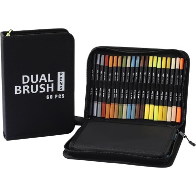 Set Carioci pe Baza de Apa, Cyrax, 2 in 1, pentru Pictura, Caligrafie, 60 Culori, Penar Negru, Corp Carioca Negru, 26.5 x 17.5 x 4.5 cm, Multicolor foto
