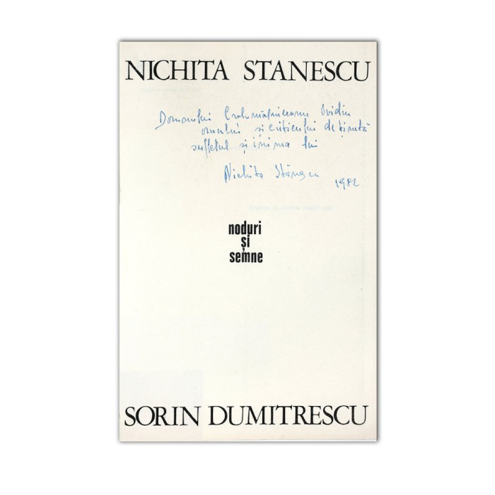 Nichita Stănescu, Noduri și semne, 1982, cu dedicație pentru Ovid Crohmălniceanu