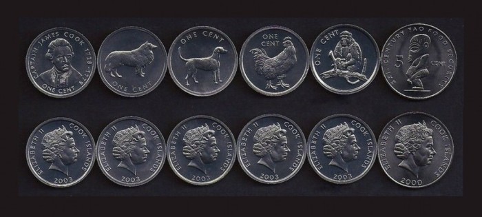 INSULELE COOK █ SET DE MONEDE █ 1 + 1 + 1 + 1 + 1 + 5 Cents █ 2000-2003 █ UNC