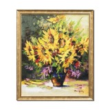 Tablou cu florea soarelui pictat manual inramat, Puritate, 65x55cm ulei pe panza in cutit 3D, rama din lemn, Geo Ungureanu