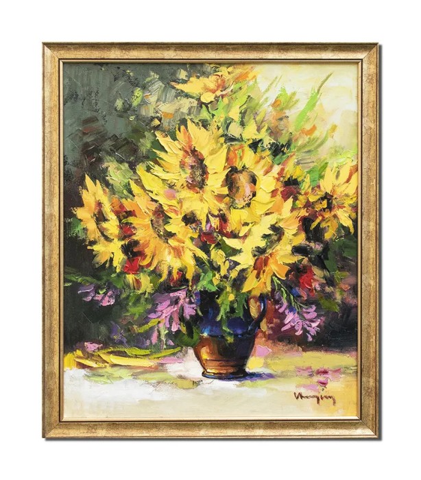 Tablou cu florea soarelui pictat manual inramat, Puritate, 65x55cm ulei pe panza in cutit 3D, rama din lemn, Geo Ungureanu