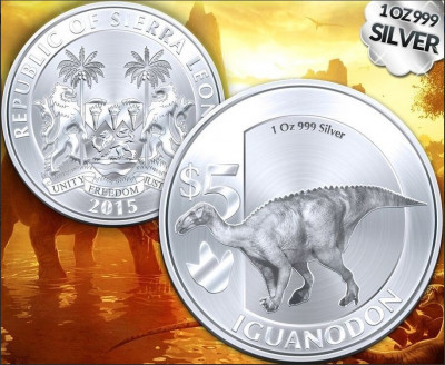 Sierra Leone 1 dollar Argintiu 2015 UNC Iguanodon 40mm foto
