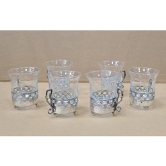 SERVICIU DE 6 PAHARE DIN CRISTAL , CU SUPORT DE ARGINT , PENTRU BAUTURI APERITIVE , ITALIA , SEC. XX