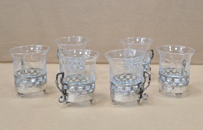 SERVICIU DE 6 PAHARE DIN CRISTAL , CU SUPORT DE ARGINT , PENTRU BAUTURI APERITIVE , ITALIA , SEC. XX foto