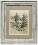 Toader Schipor 1956 Tablou Peisaj Rustic Așezare Săsească Sibiana Roandola grafică &icirc;n cărbune &icirc;nrămată 25x30cm