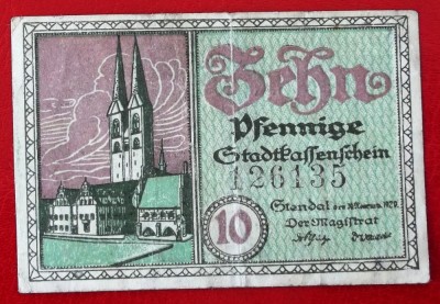 Germania notgeld 10 pfennig 1920 Stendal ** foto